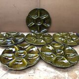 Set of 6 old vintage green ceramic Gien oyster plates