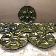 Set of 6 old vintage green ceramic Gien oyster plates