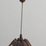 Scandinavian rattan hanging lamp, wood and vintage fabric