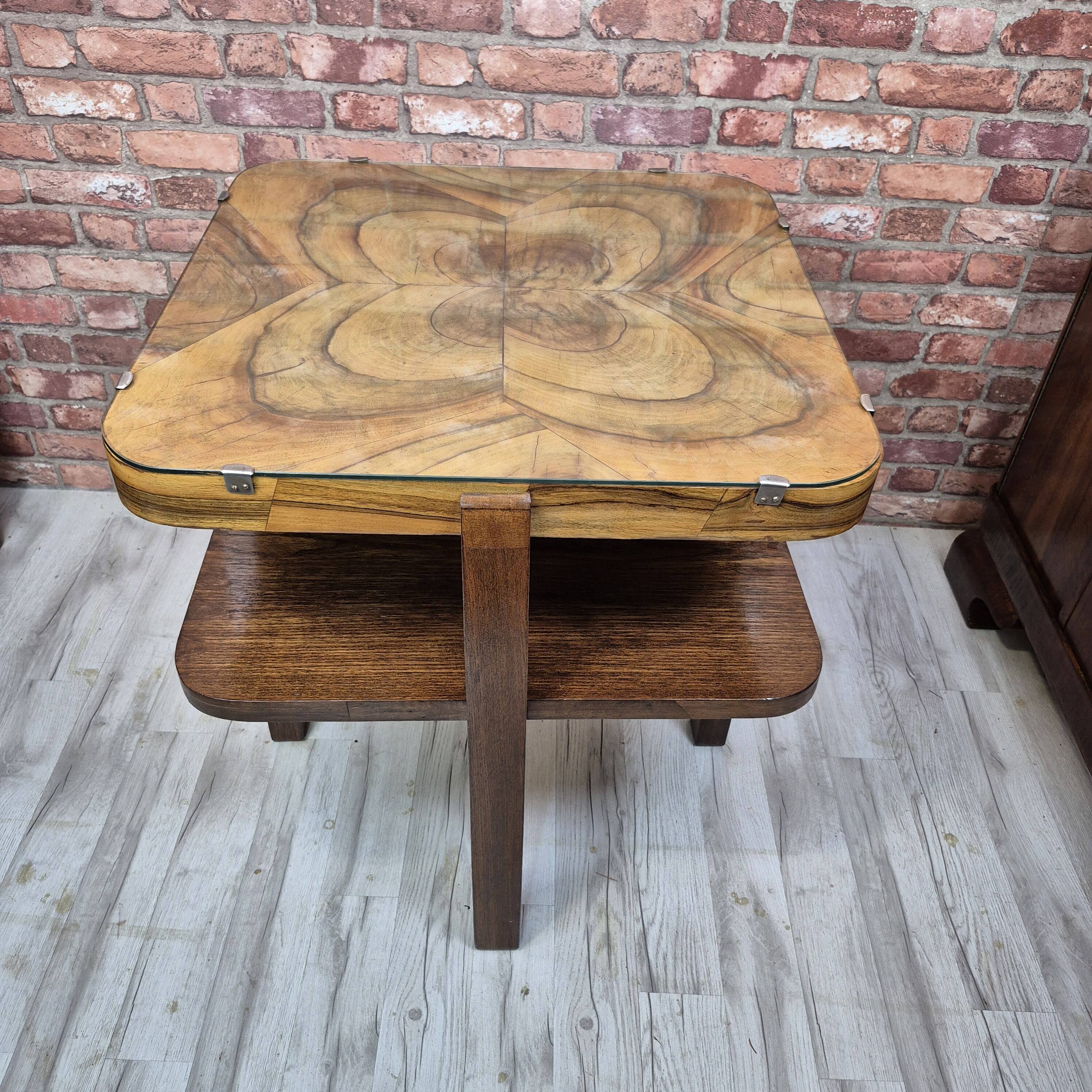 Restored Art Deco Walnut and Oak Side Table with Original Glass 1930s