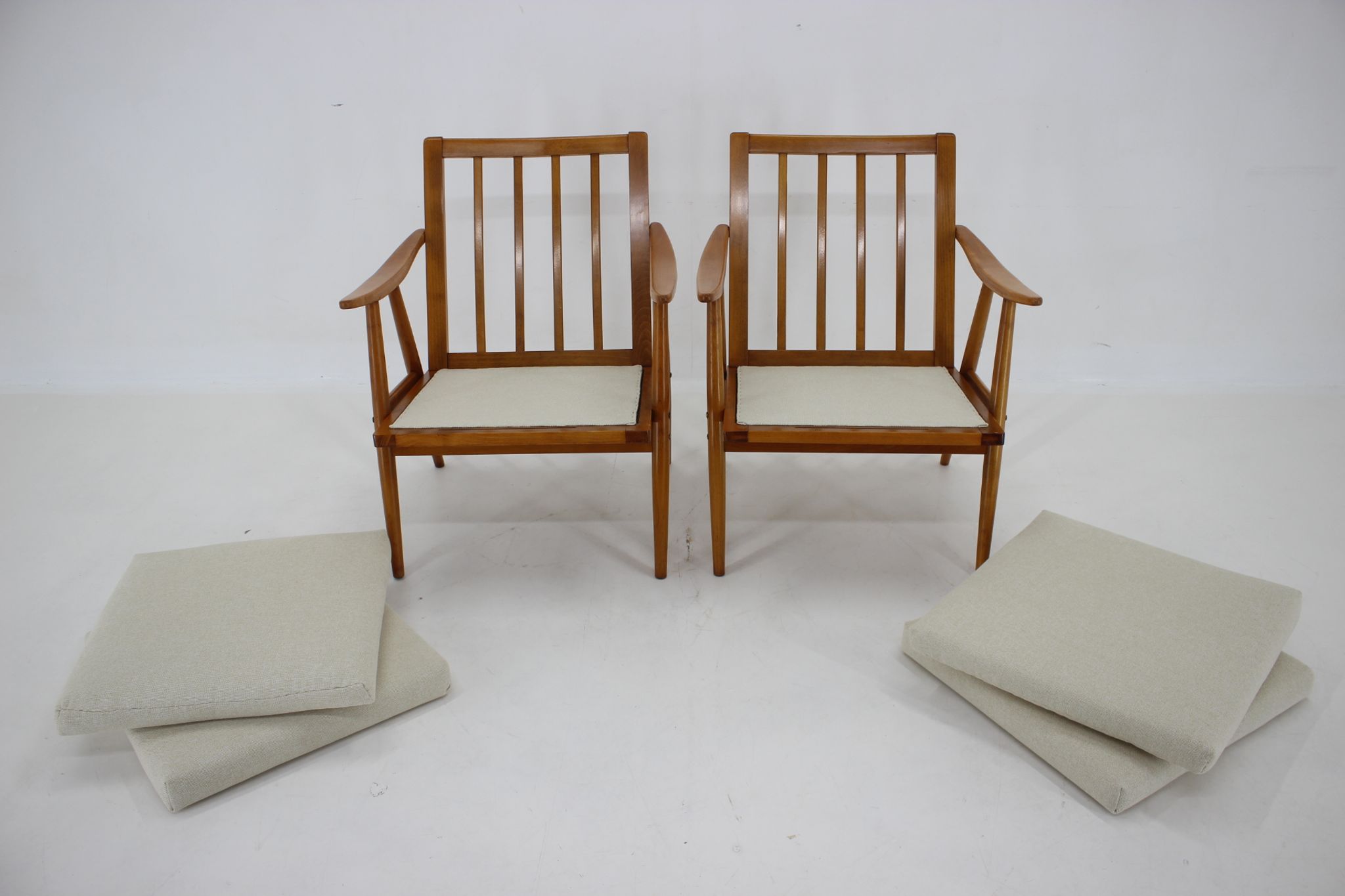1970s pair of beech armchairs, czechoslovakia