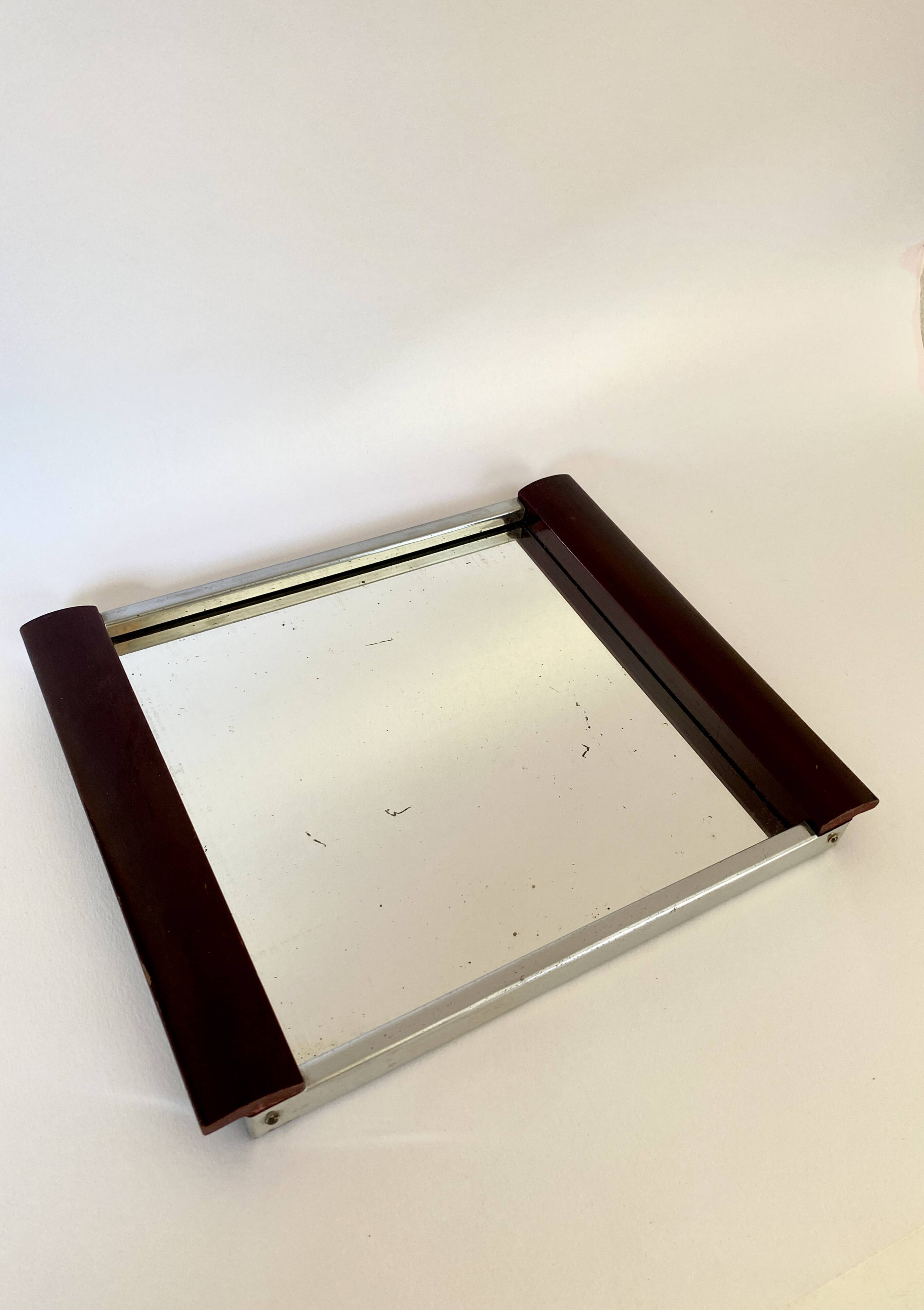 Art Deco tray, mirror, wood and metal