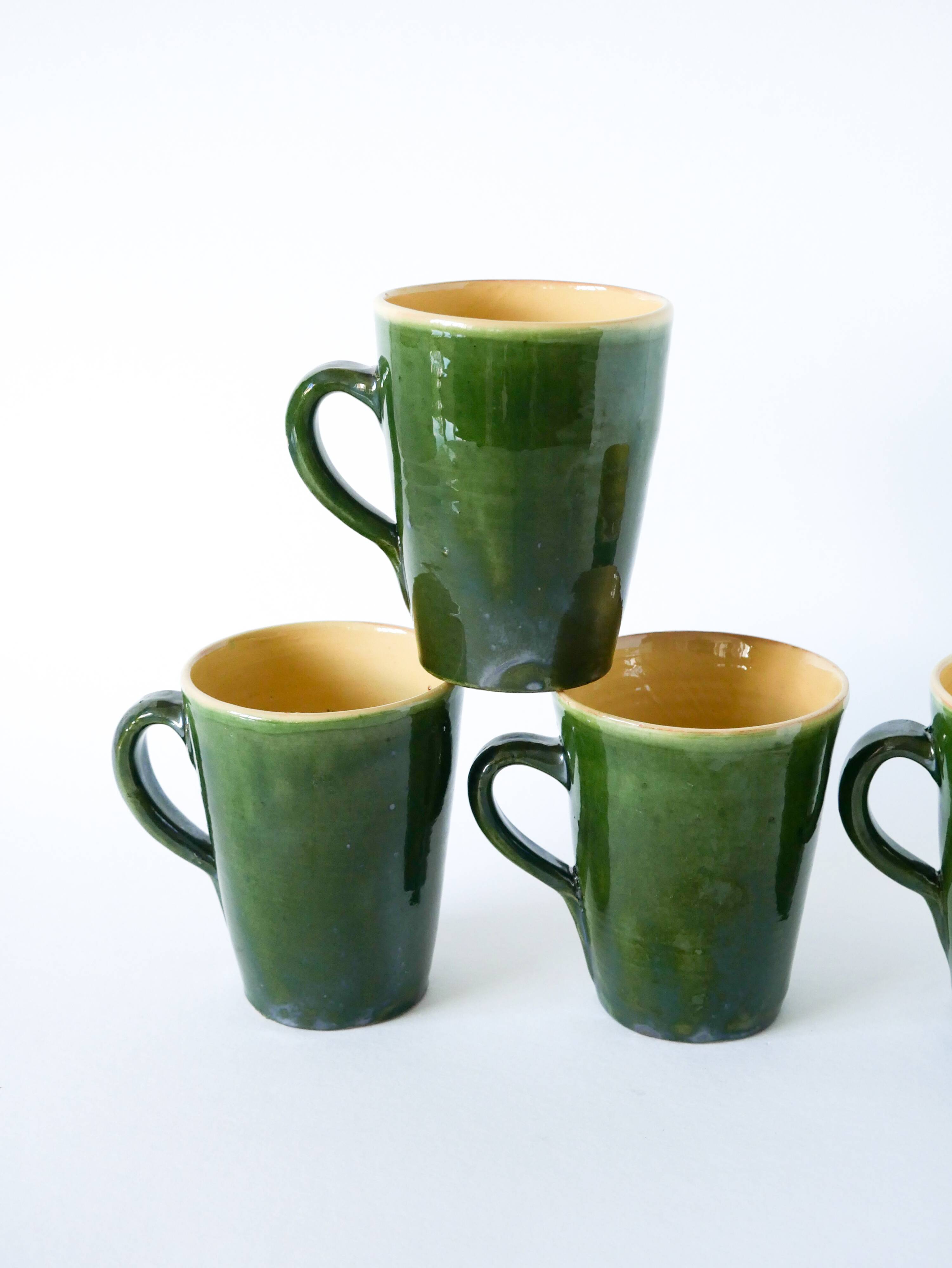 Set of 4 green mugs in glazed stoneware, ceramic, 1970