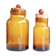 2 amber blown glass jars, cork stoppers