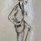 Tableau signé fusain et or iridescent portrait gentleman « Dandy »