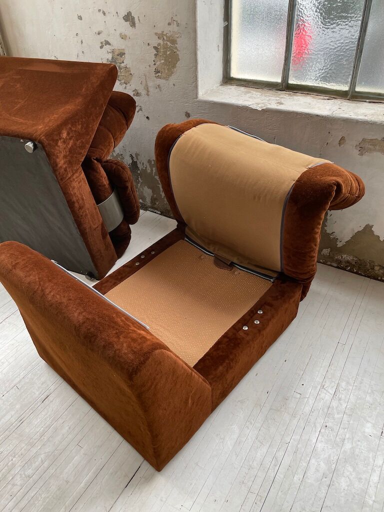 Pair 70s brown velvet armchairs