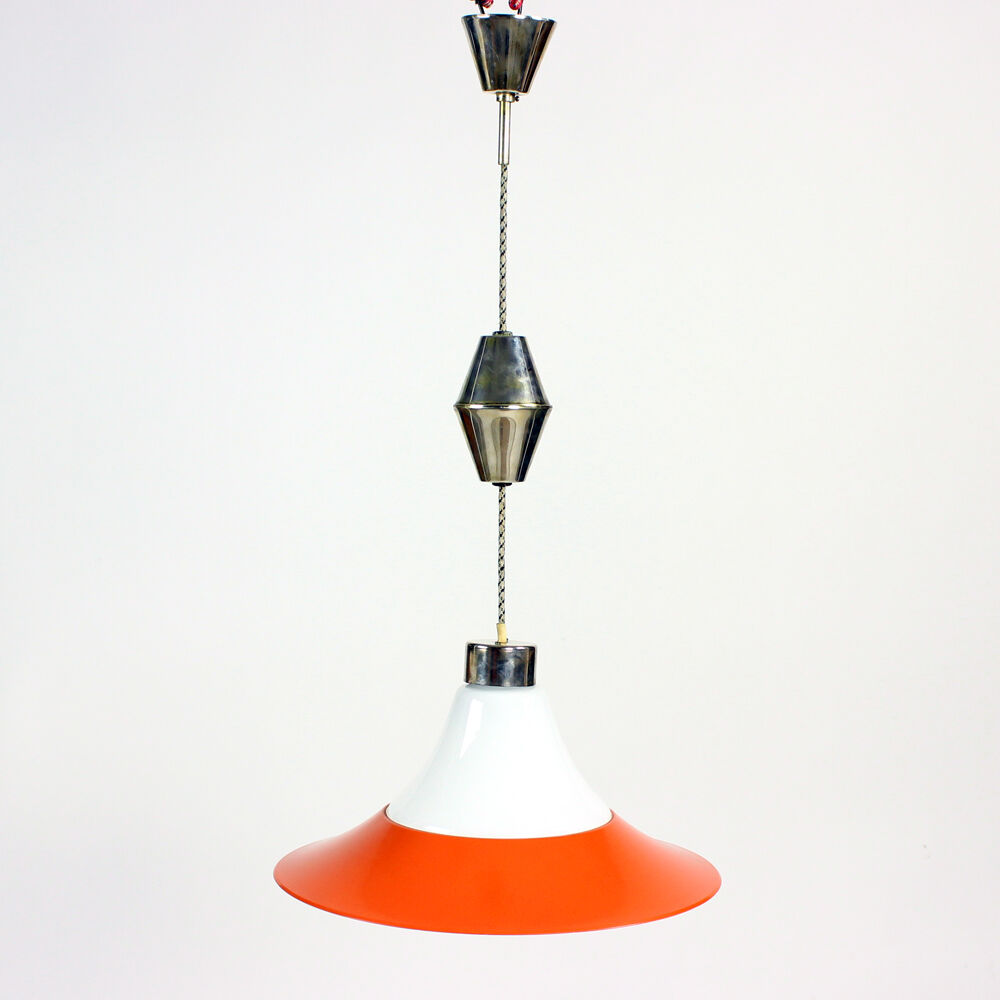 Midcentury ceiling pull down light in white opaine & brass, Czechoslovakia 1960s