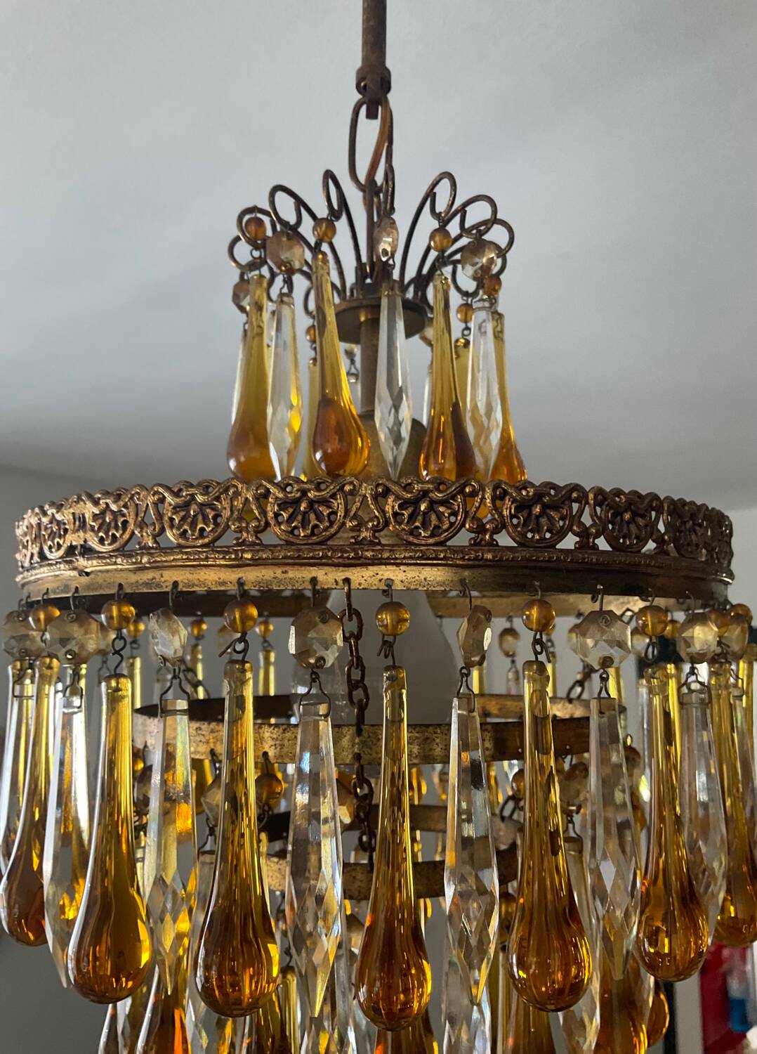 Vintage chandeliers with amber glass tassels and drops