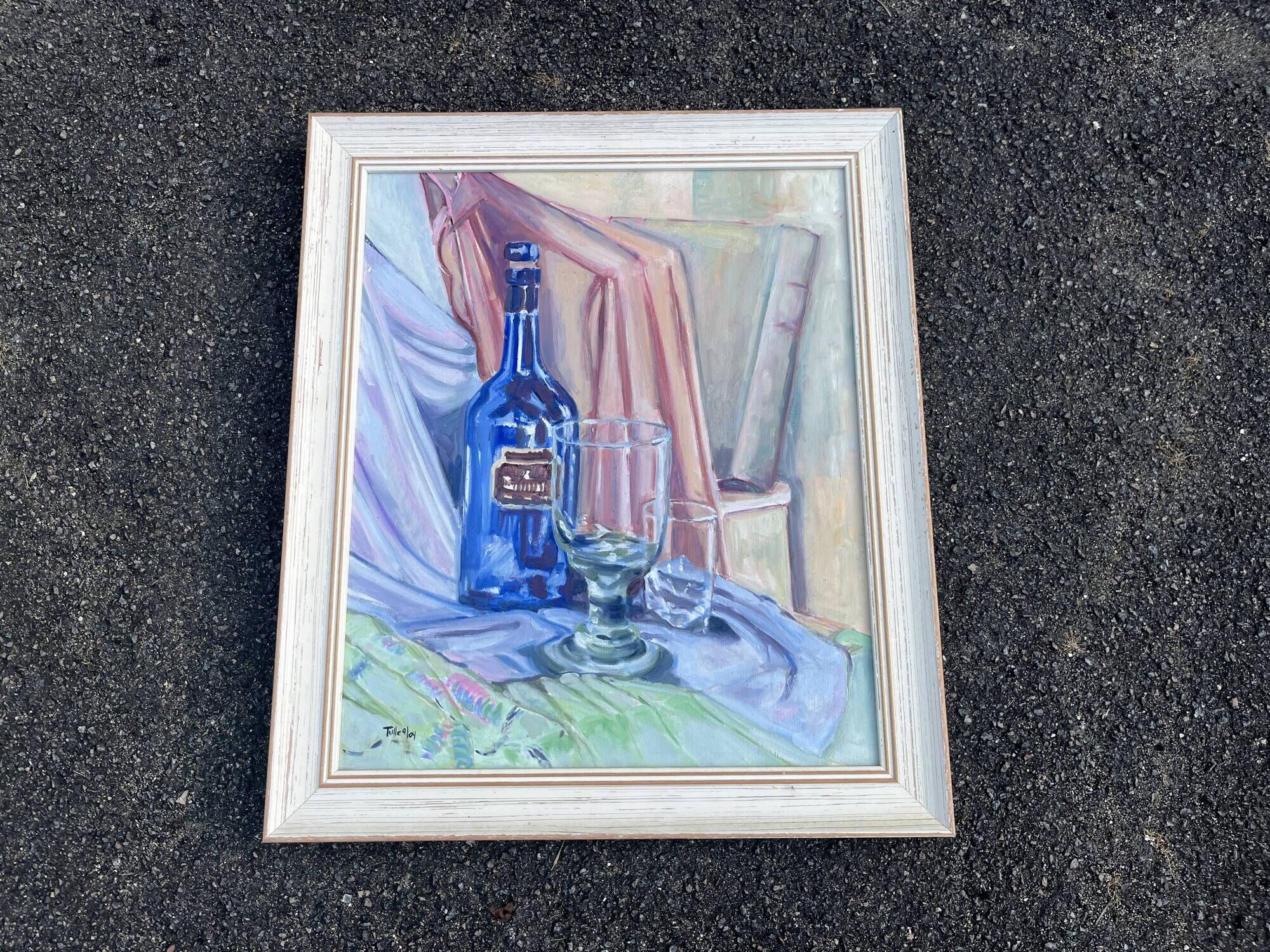 Still life with blue bottle and glass – Signed painting