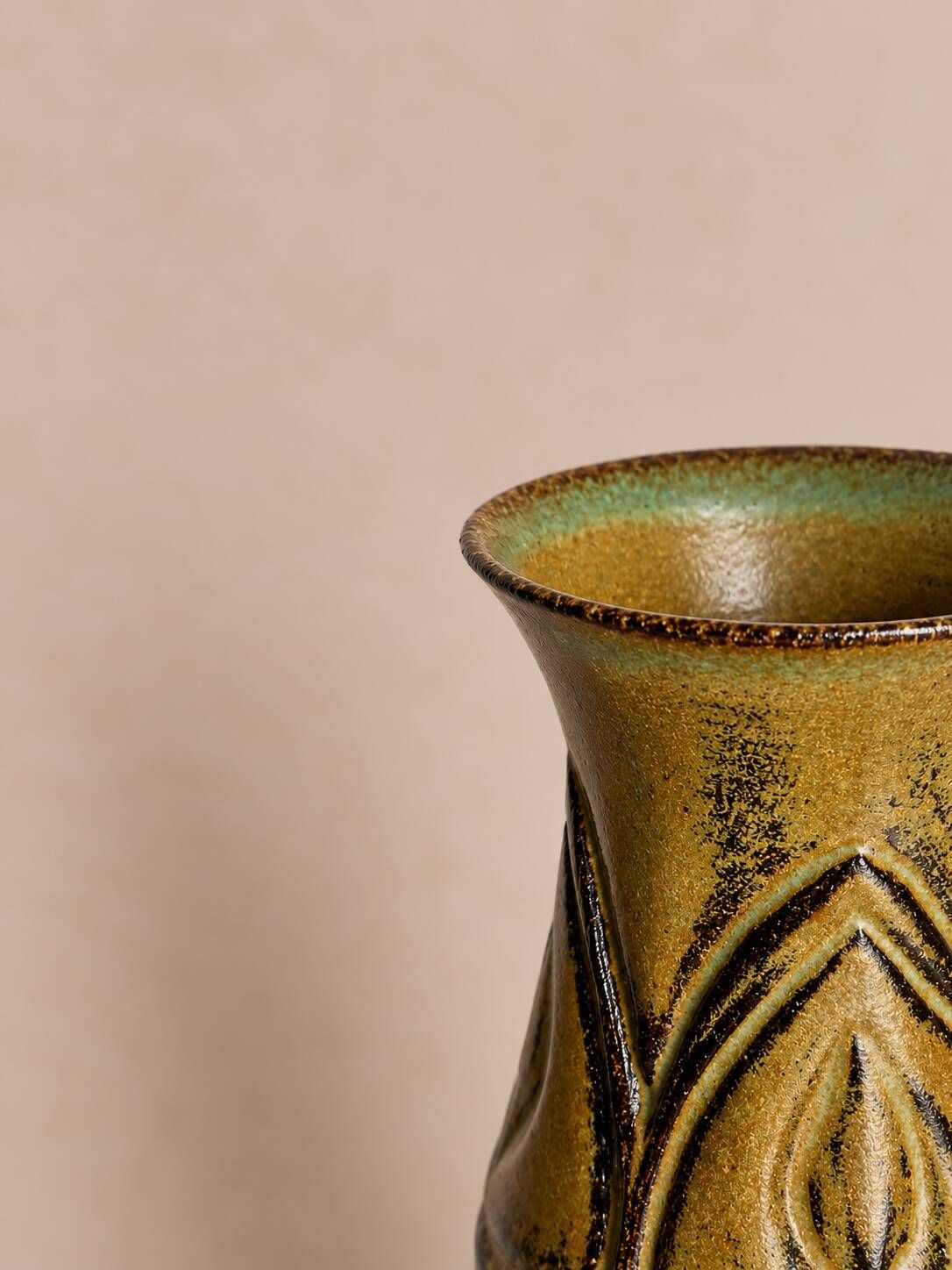 Khaki stoneware vase, wabi-sabi style, brutalist vintage ceramics.
