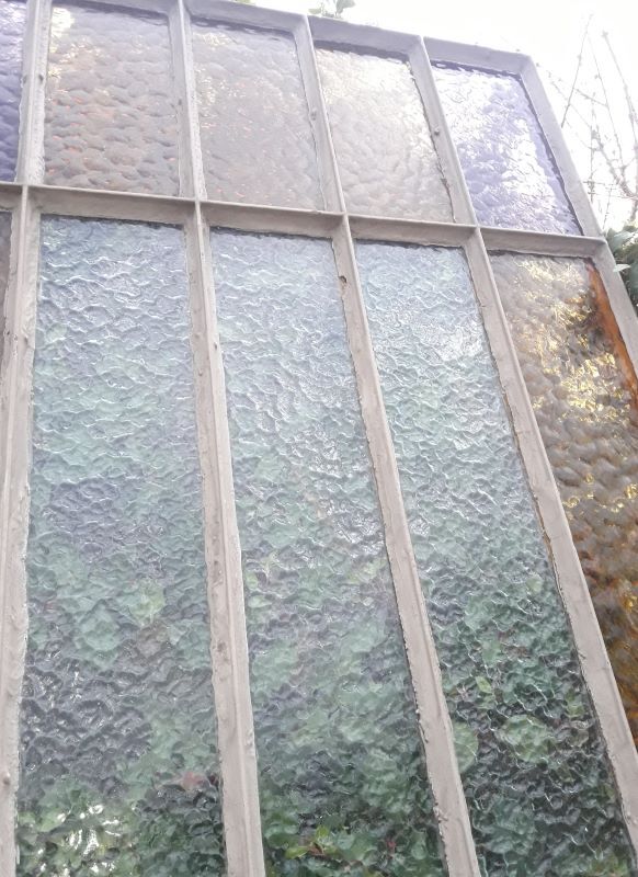 Workshop door 258.4x98.5cm in iron and colored cathedral glass