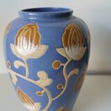 Glazed stoneware vase – floral decoration in relief – Keramis style – 1970s