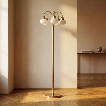 Vintage brass floor lamp with five opaline glass shades, mid-century, Czechoslovakia, 165 × 60 × 30 cm