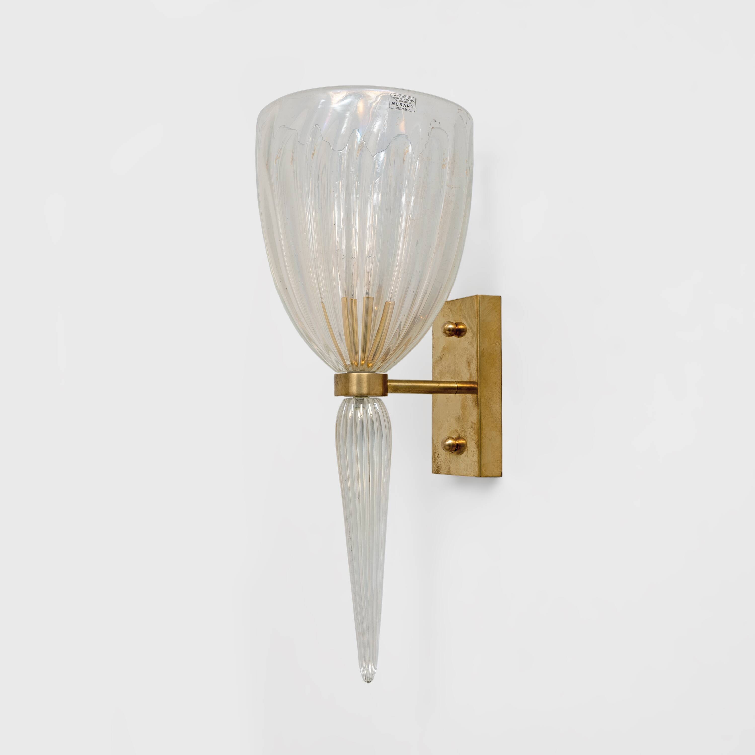 Pair of Italian Murano Iridescent Glass and Brass Wall Sconces