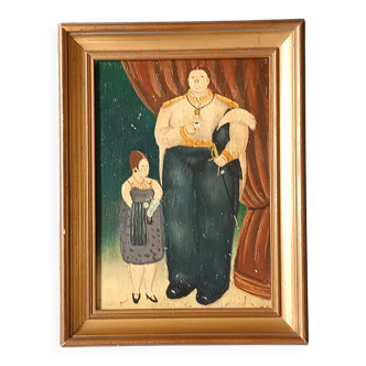 Original oil painting on panel of a couple at the theatre in the Botero style.