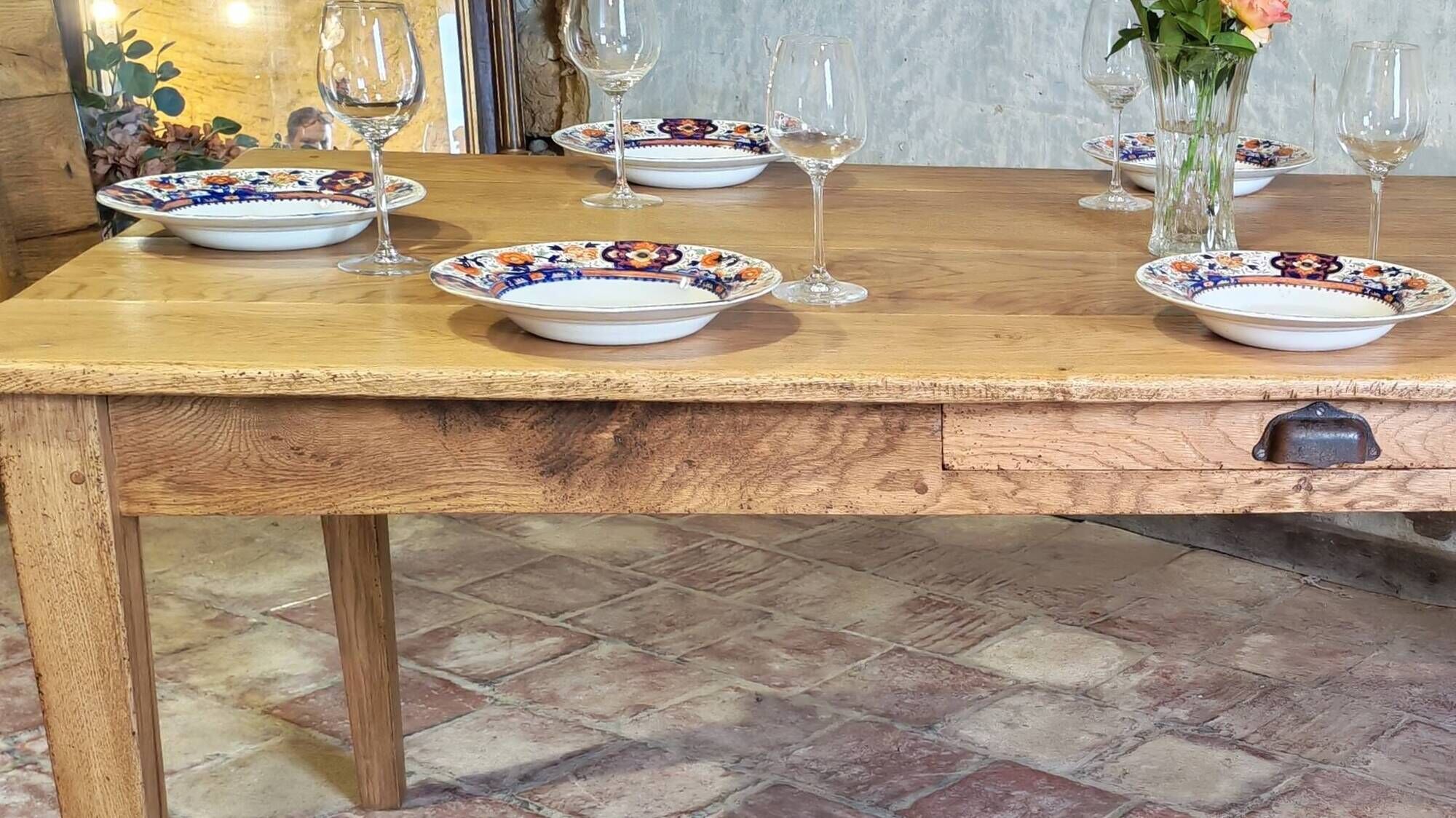 Large authentic farmhouse table made of solid French oak.