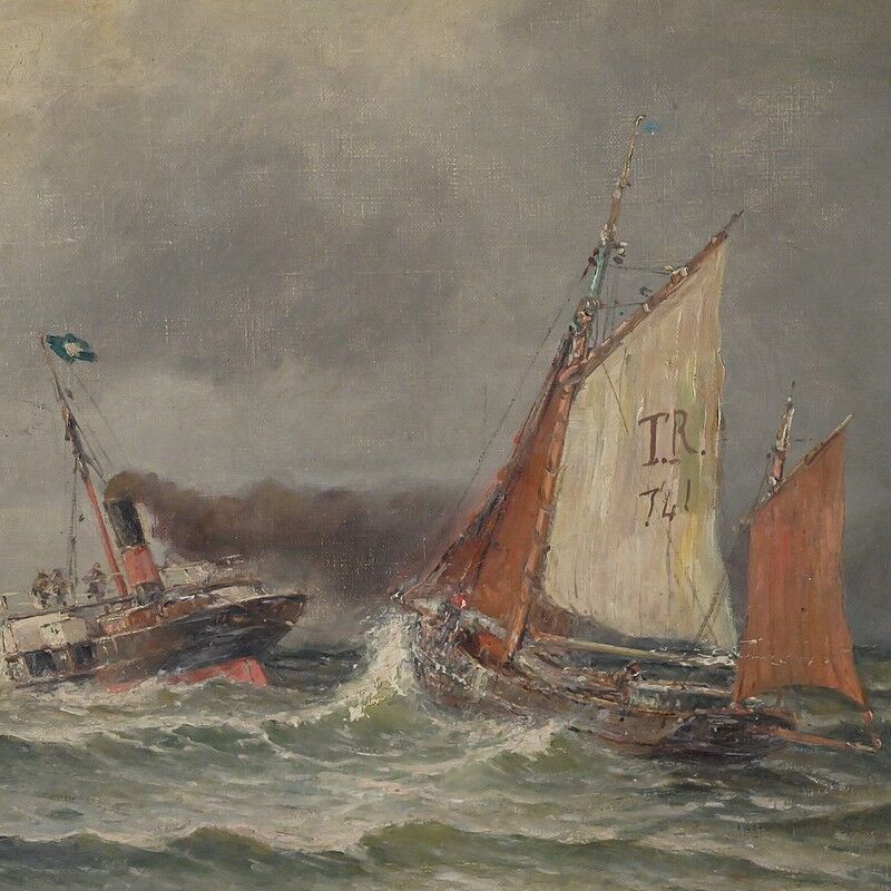 Painting "Entry to the Port in Rough Seas", oil on canvas, signed C. Demont – early 20th century