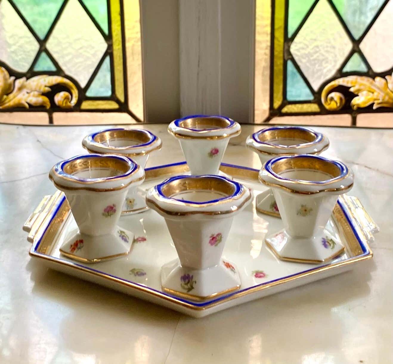 Blue and gold sweet egg set in Limoges porcelain, France, 1928