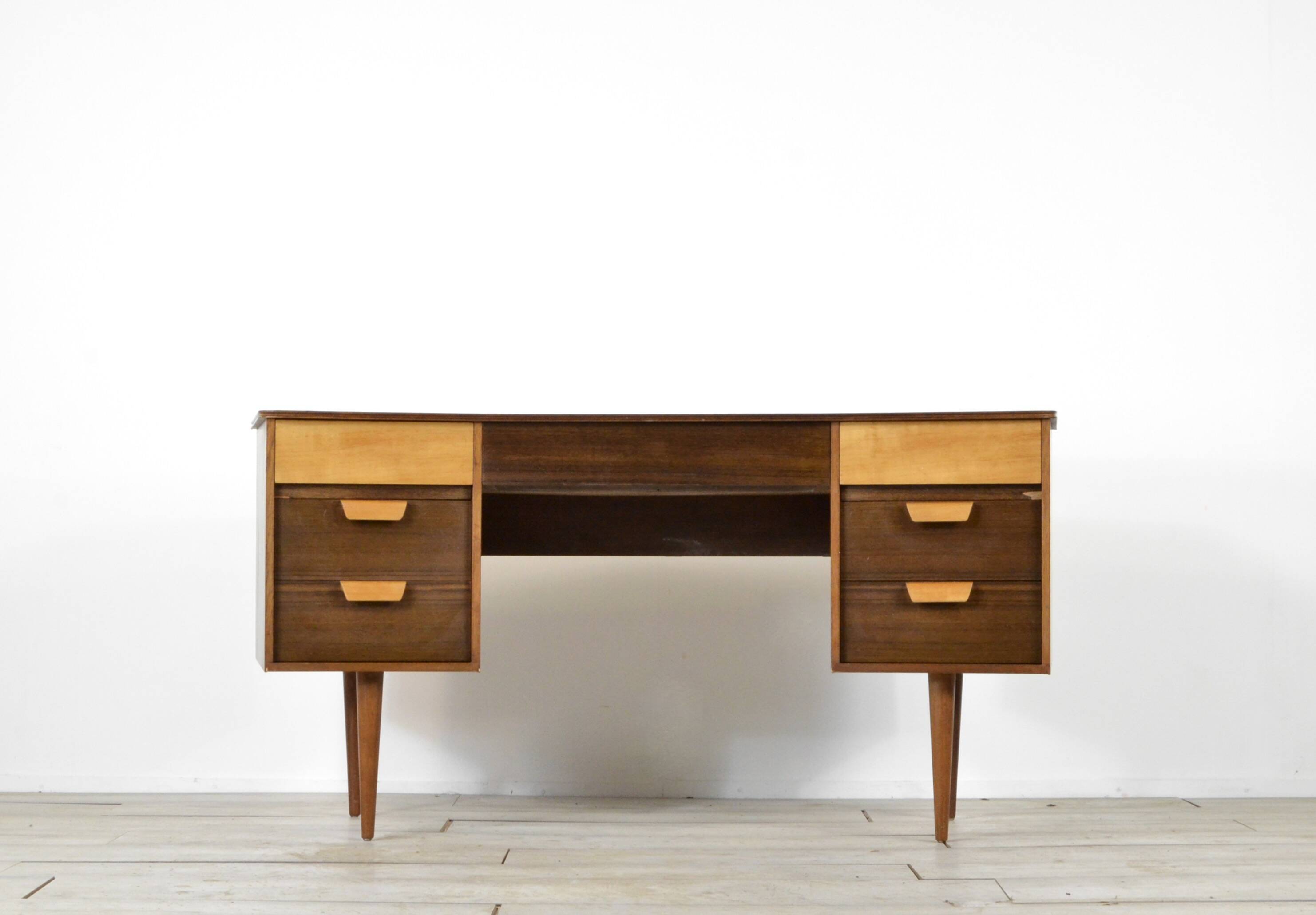 Midcentury Uniflex Walnut And Beech Concave Desk Designed By Gunther