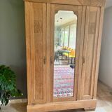 Solid raw oak wardrobe with Art Deco mirror