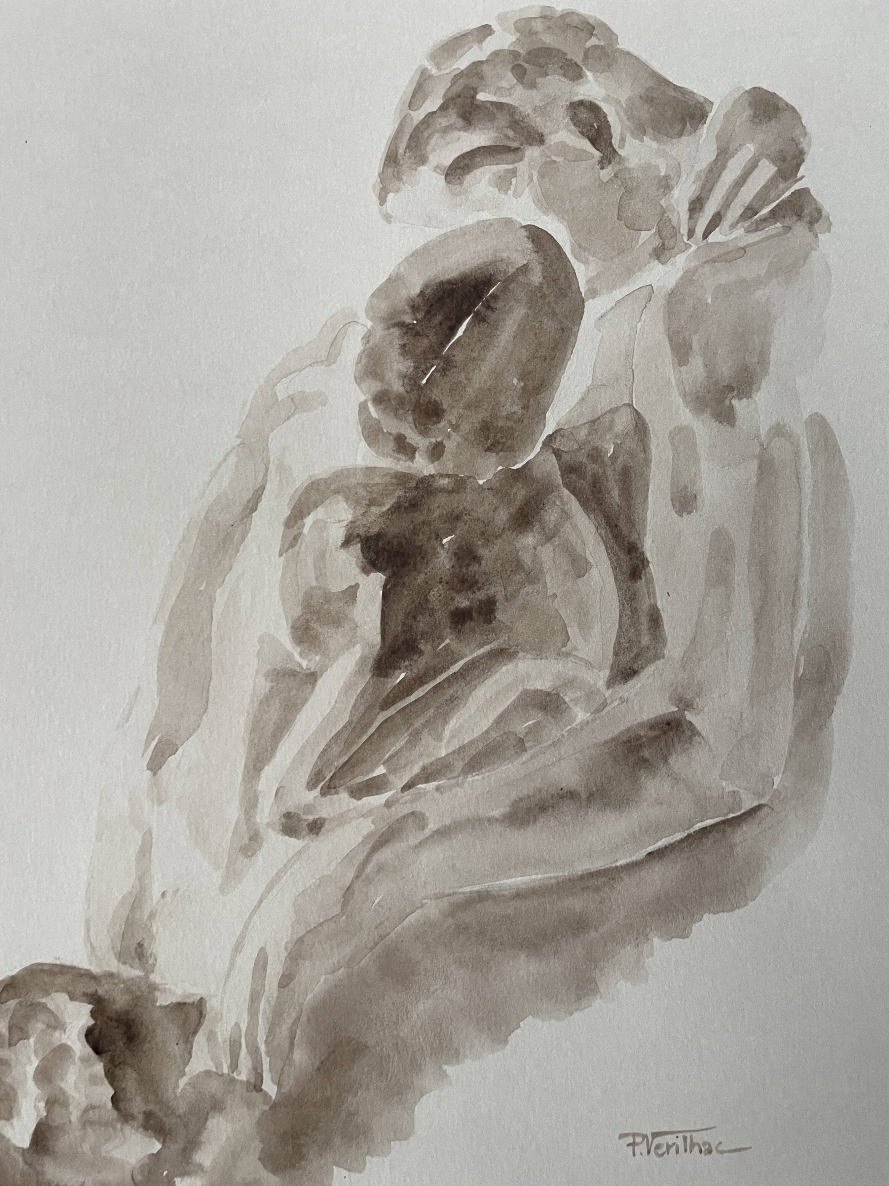 Painting signed sepia monochrome watercolor study of the statue “Rodin’s kiss”