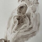 Tableau signé aquarelle monochrome sépia étude de la statue « le baiser de Rodin »