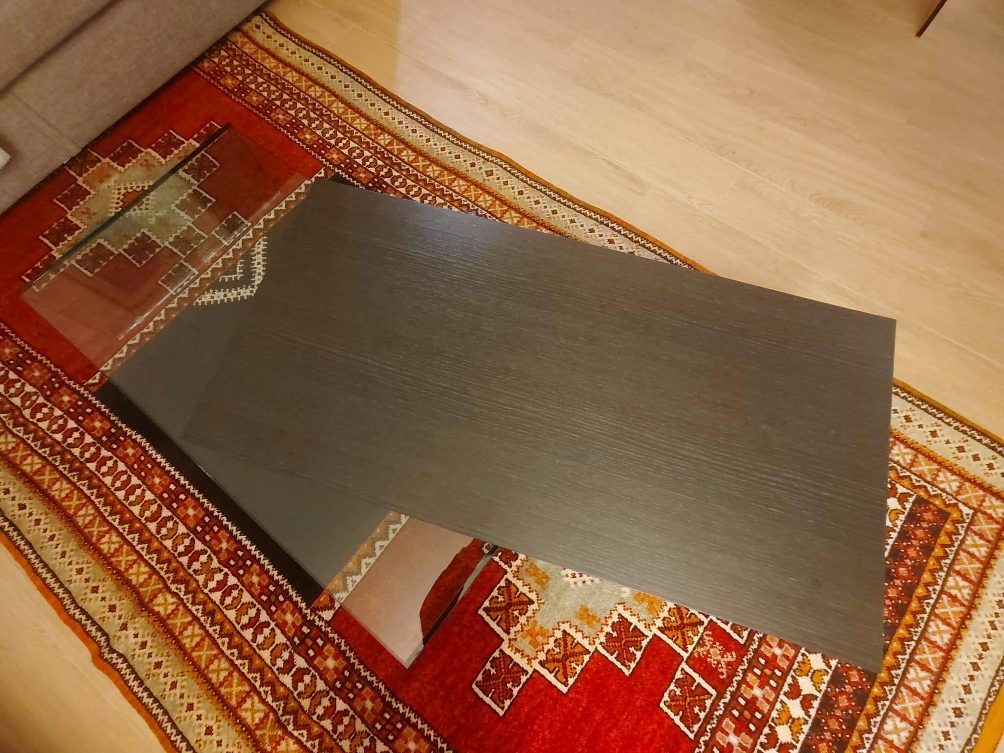 Double coffee table: glass table with removable wooden top.