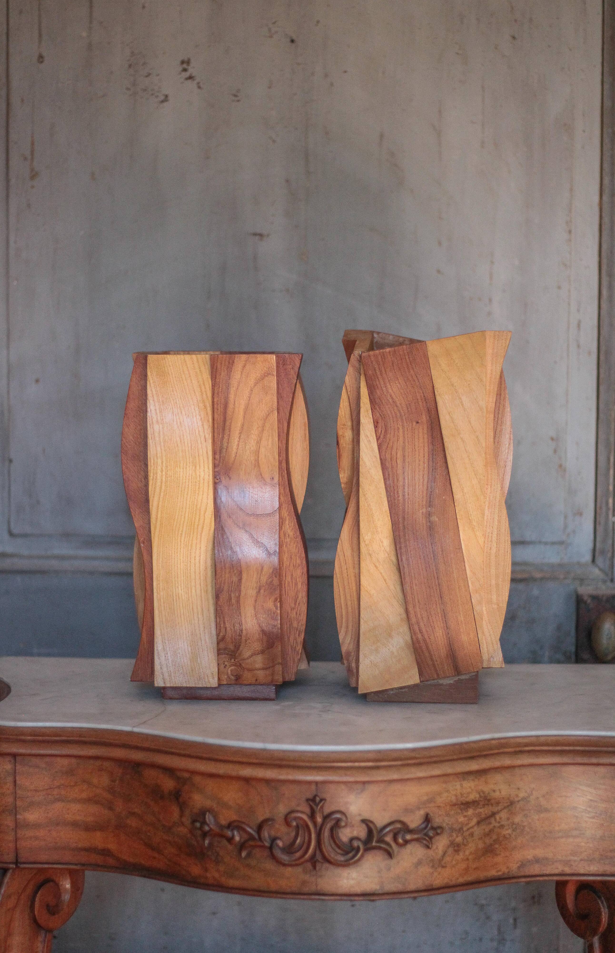 Pair of sculptural wooden vases, curved wooden vase, natural wooden vase