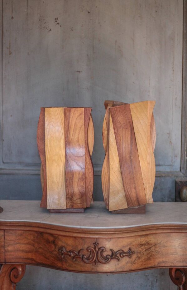 Paire de Vases bois sculptural, vase bois courbé, vase bois naturel