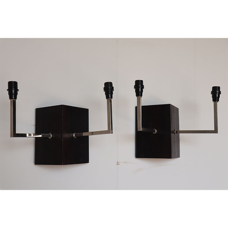 Pair of wall sconces in oak and chromed metal