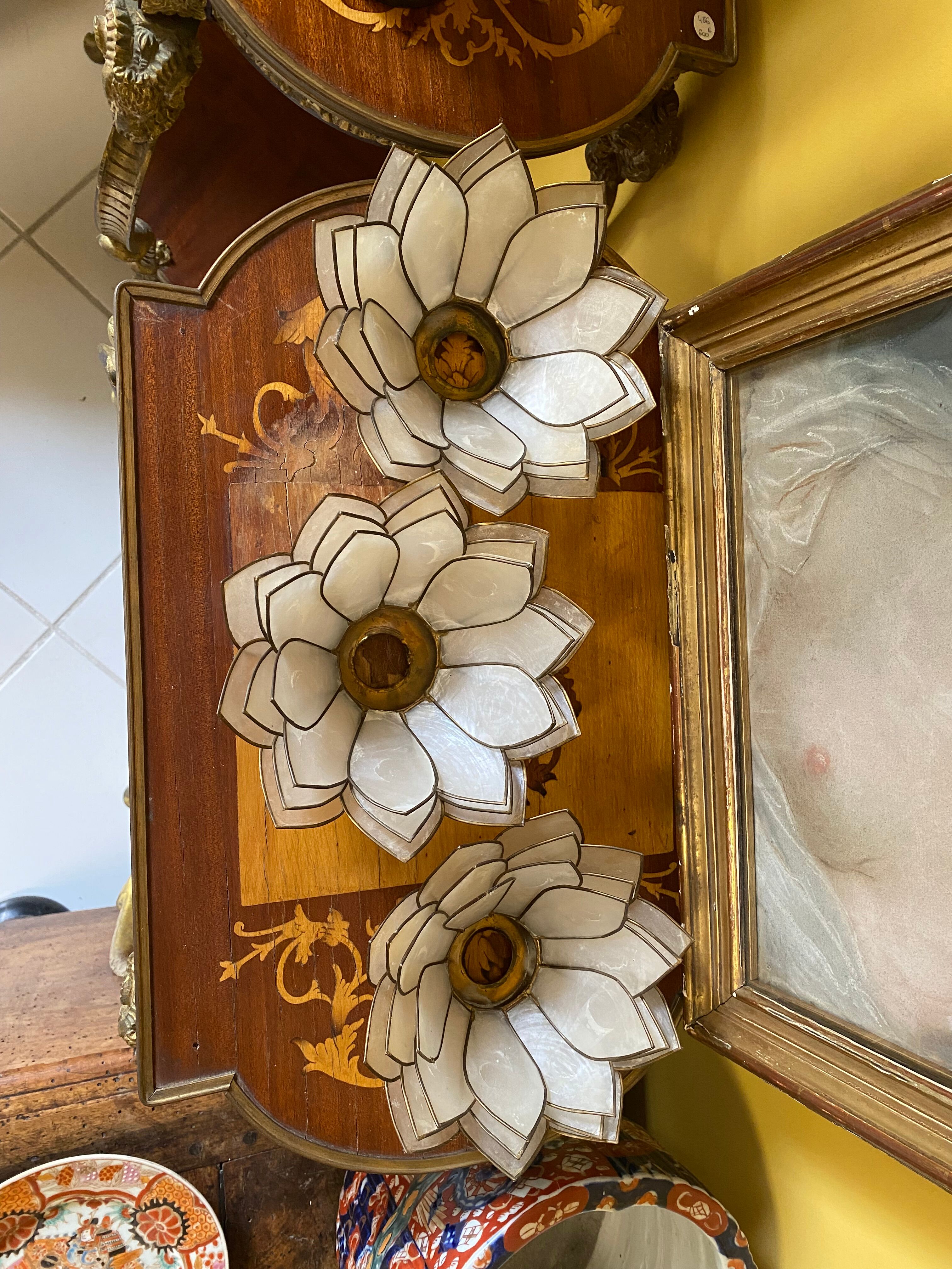 Set of vintage mother-of-pearl and brass wall lamps