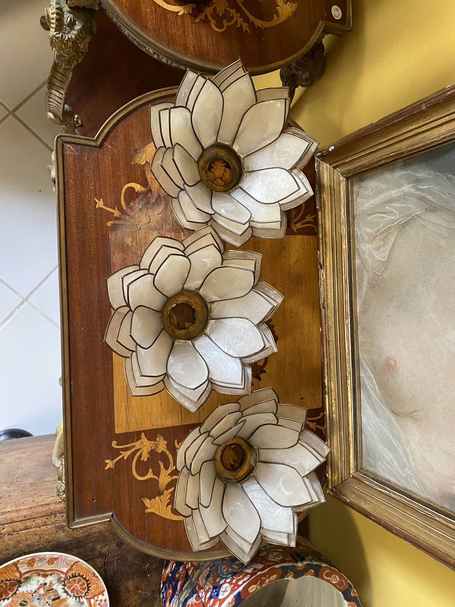 Set of vintage mother-of-pearl and brass wall lamps