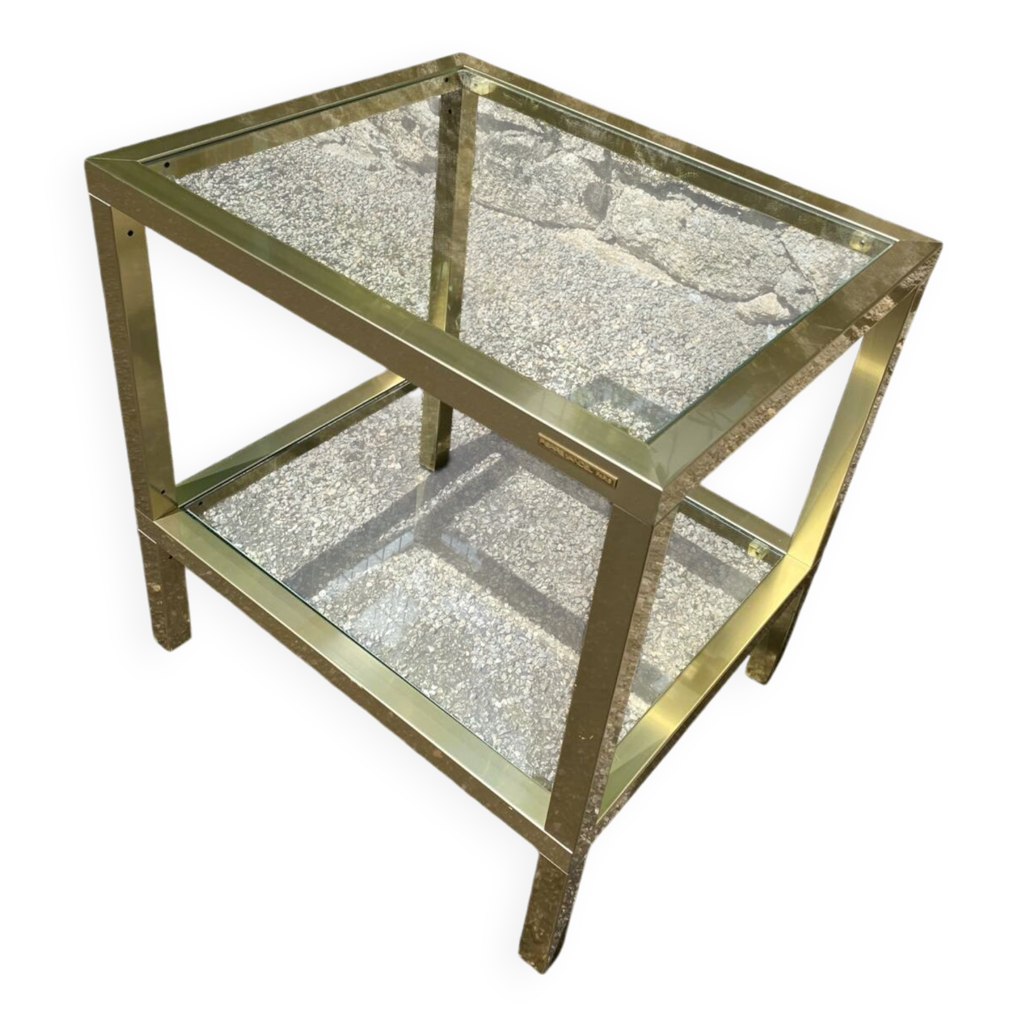 Vintage 1980s rectangular gold metal end table/shelf by pierre vande