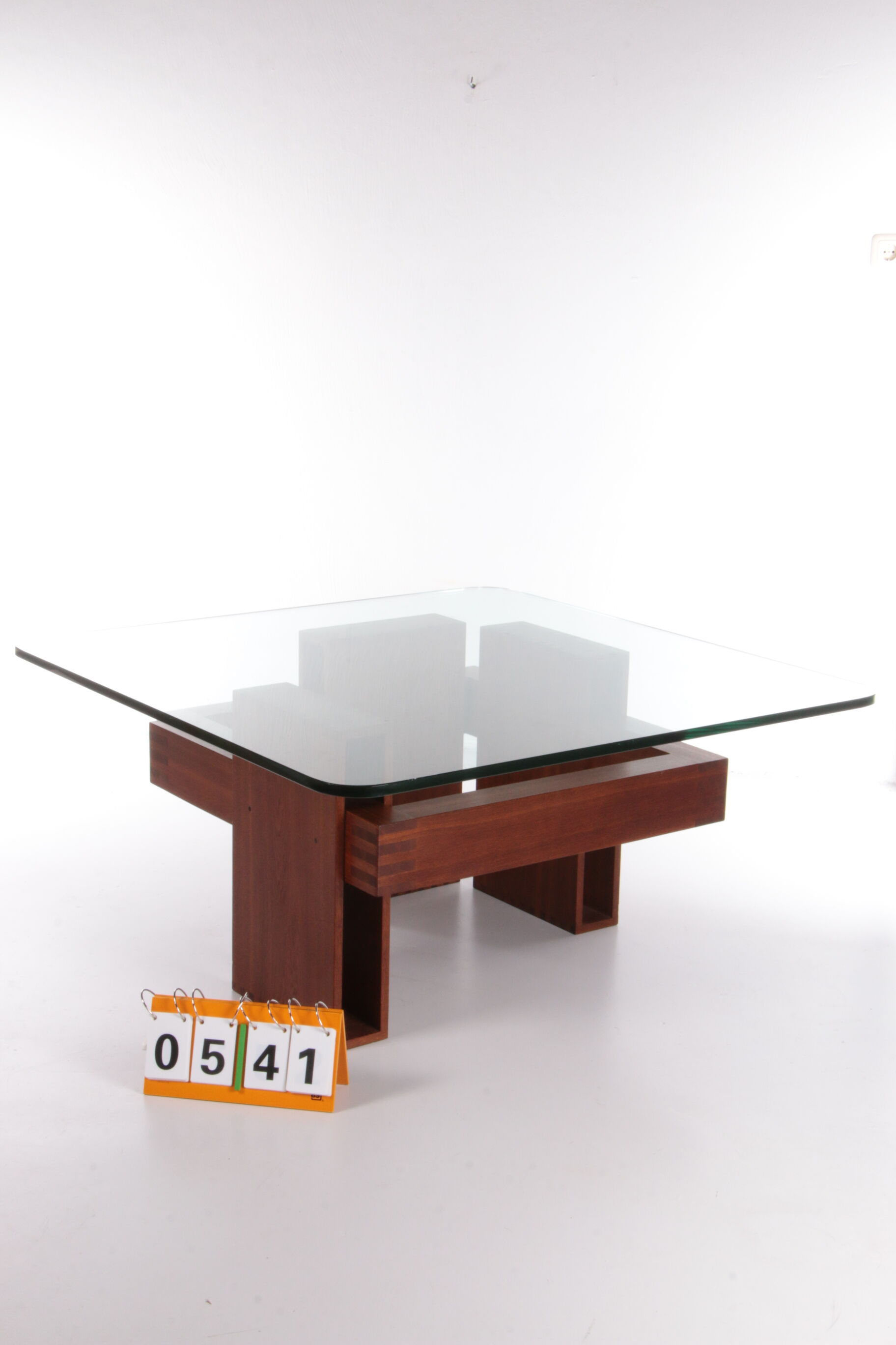 French Brutalist Design coffee table of teak with glass top, 1970