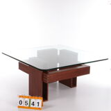 French Brutalist Design coffee table of teak with glass top, 1970