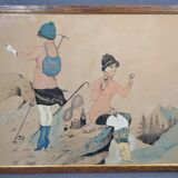 French School of the 20th Century "The Mountaineers' Picnic" Ink and watercolor drawing signed