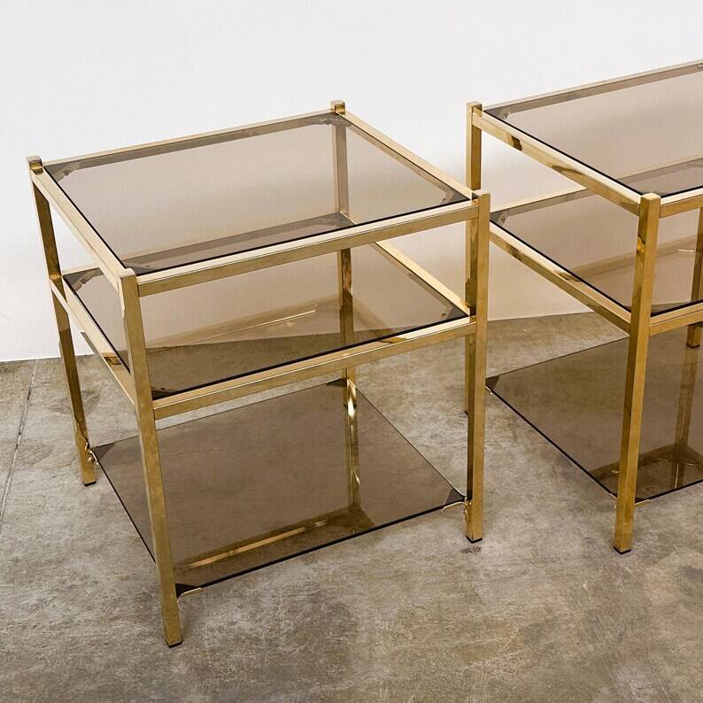 Pair of Vintage Three-Level Tables in Brass and Smoked Glass, 1970s