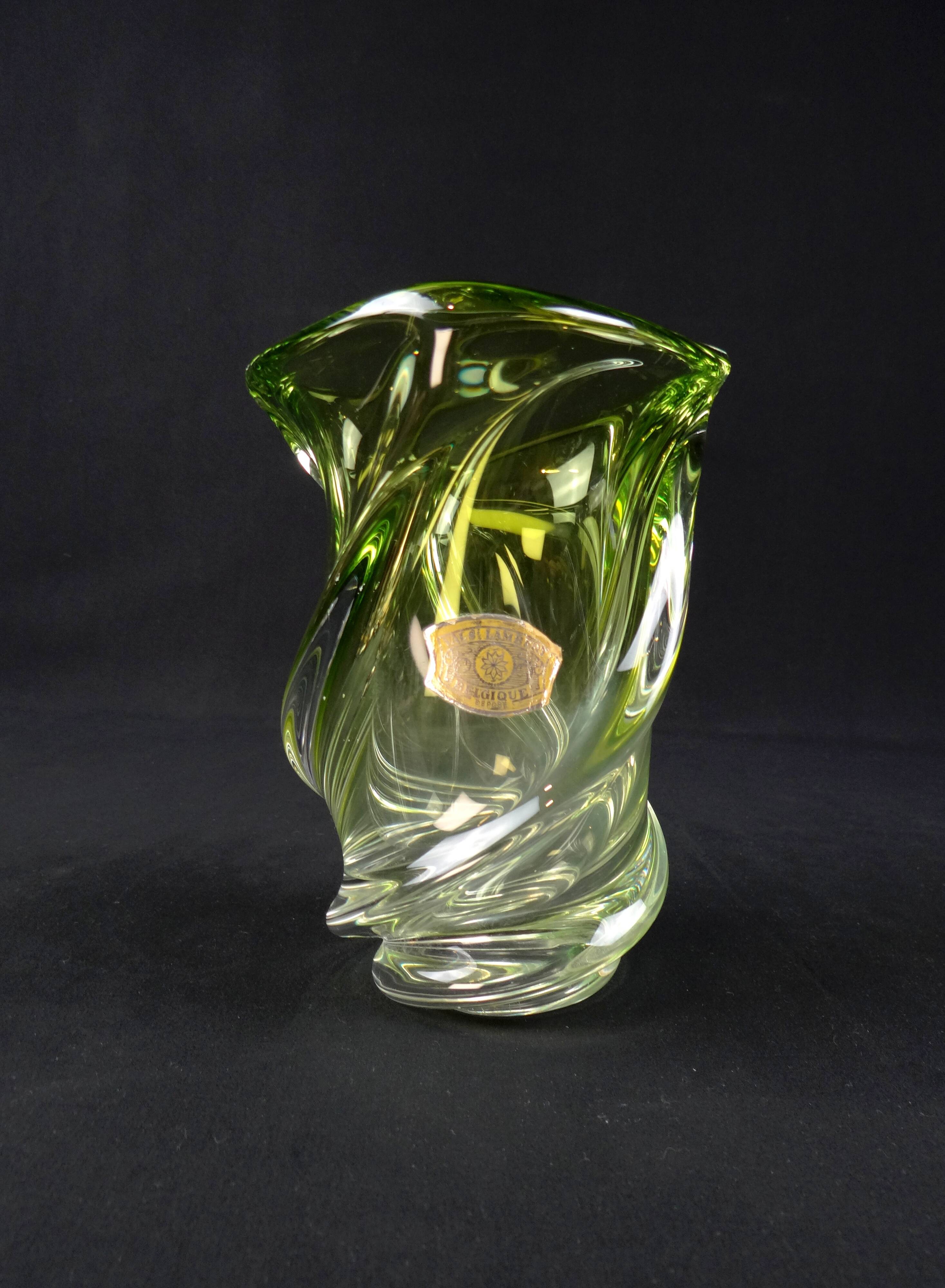 Val Saint Lambert crystal vase with a two-tone twisted shape, "Wave" model