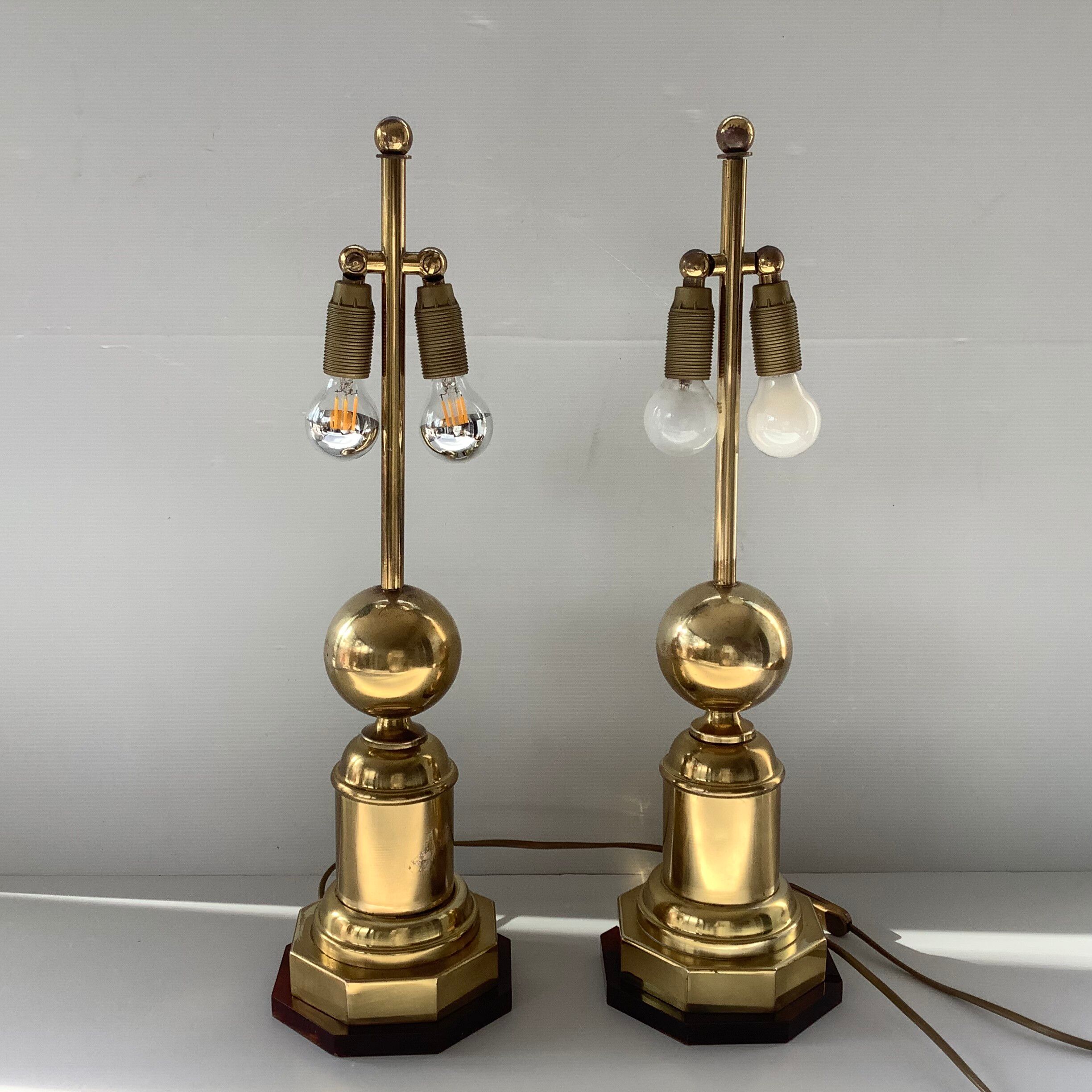Pair of 2 Vintage Chic Articulated Brass Bakelite Amber Ball Lamps
