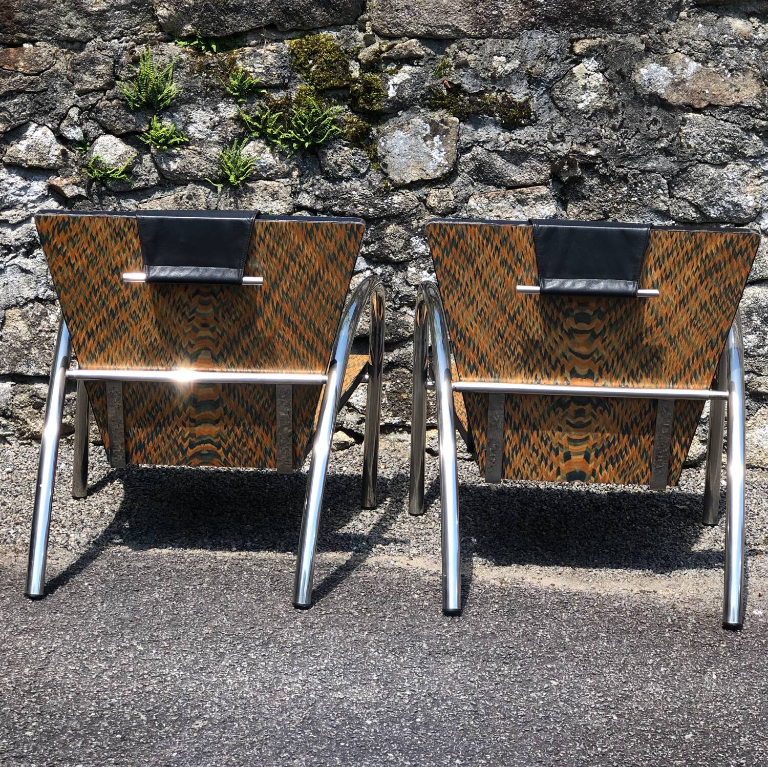 Pair of 2 atypical armchairs wood, chrome and leather vintage 1980