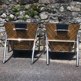 Pair of 2 atypical armchairs wood, chrome and leather vintage 1980