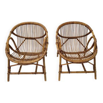 Paire de fauteuils corbeille en rotin 1960