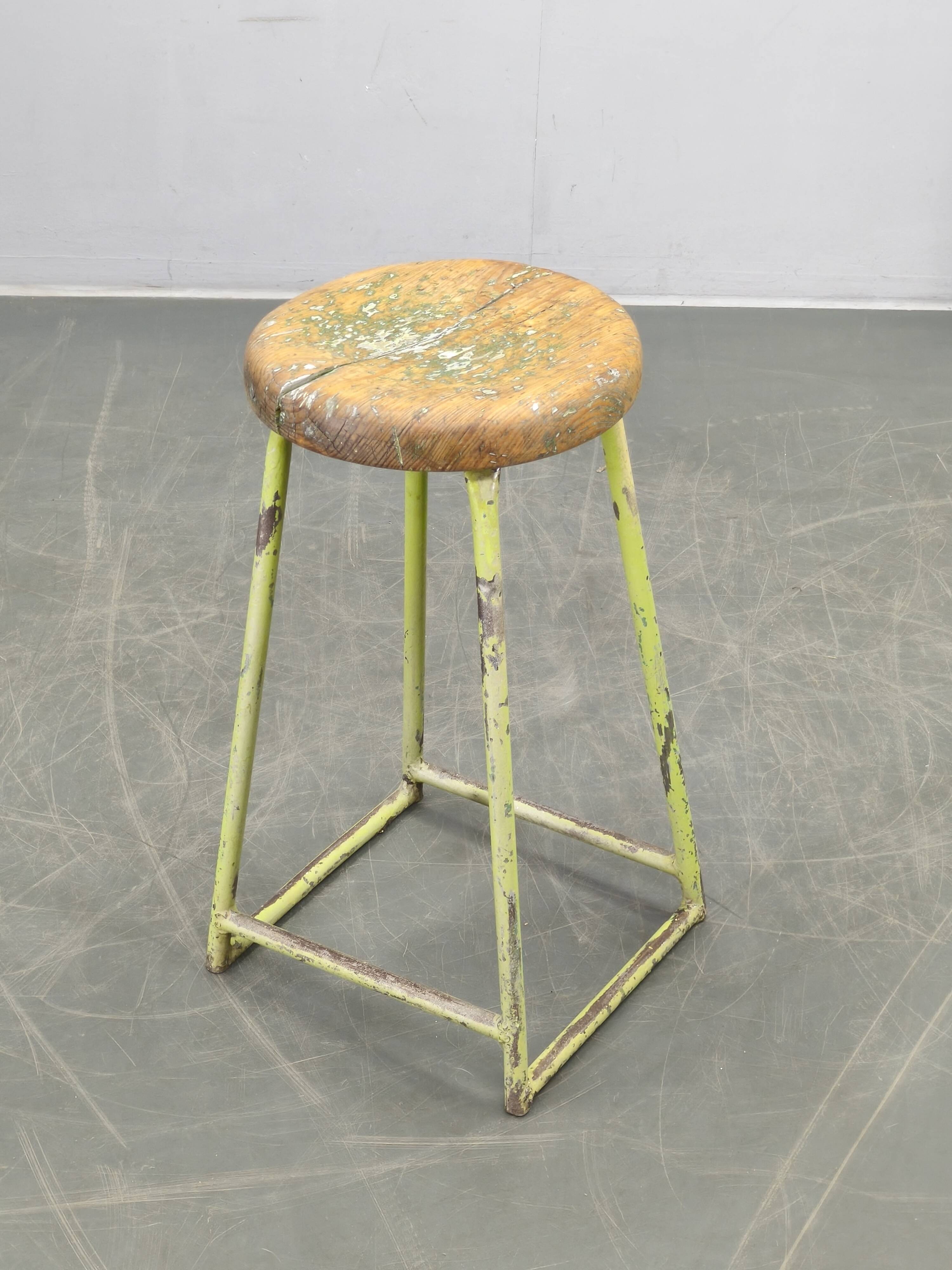 1940s Czech Industrial Stool with Pine Seat and Green Patina