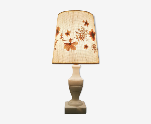 Pied de lampe à poser vintage - pied marbre onyx - abat-jour inclusion fleurs séchées - 1950