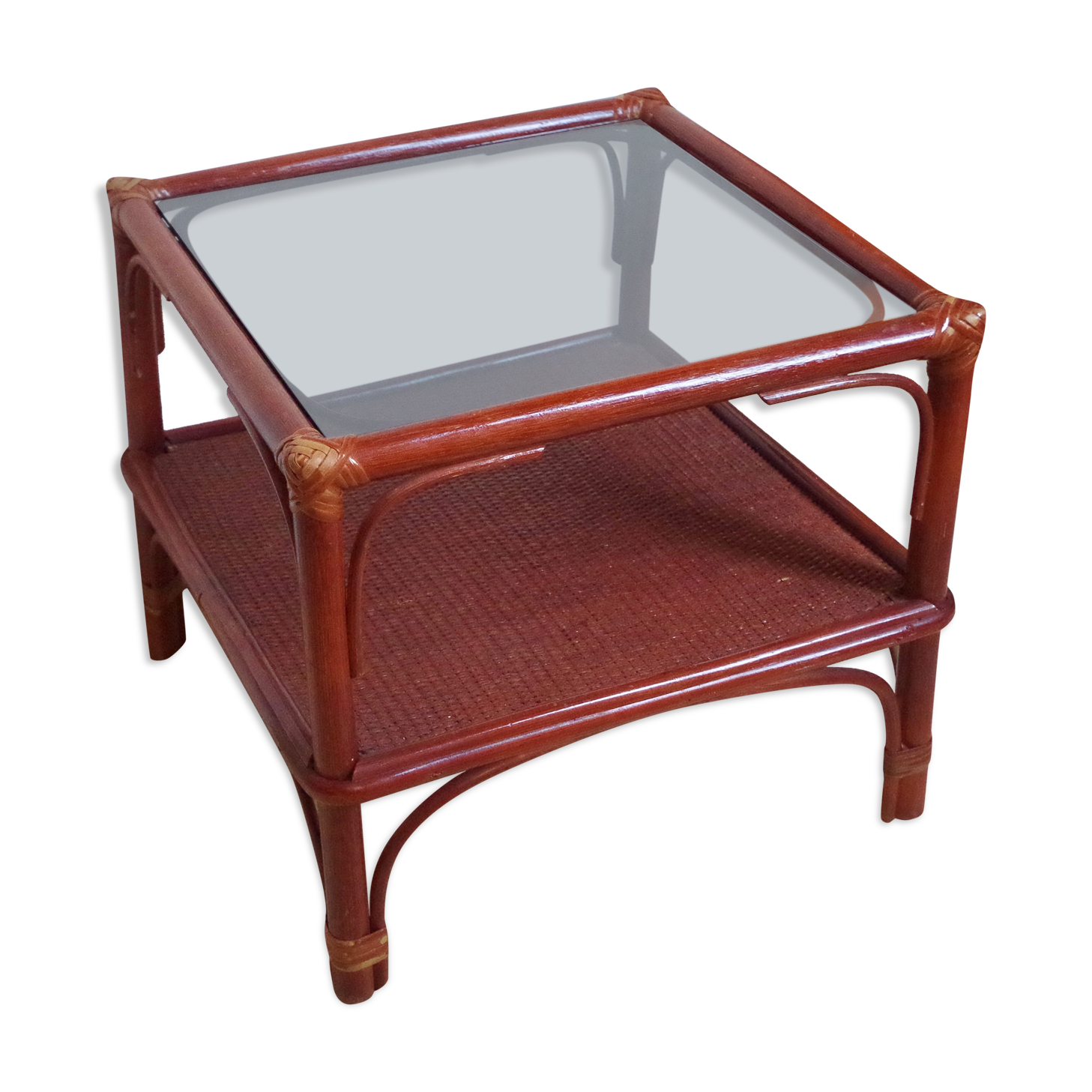 Varnished rattan coffee table and smoked glass top