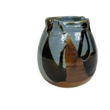 Handcrafted stoneware pot signed – Blue, brown and ochre
