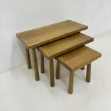 Set of nesting tables solid oak wood brutalist , 1970s