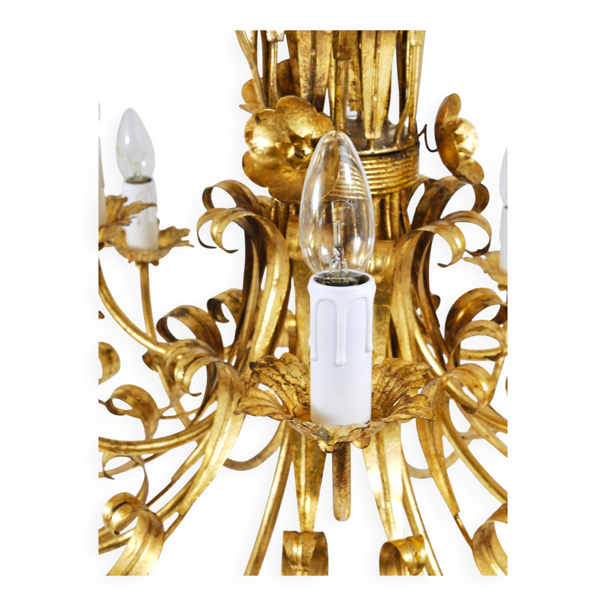 Hans Kögl XL Hollywood Regency golden wheat floral bouquet in iron, 1970s