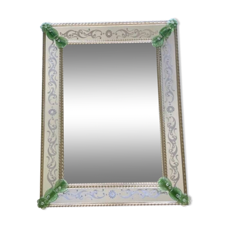 Contemporary venetian rectangular green floreal hand-carving mirror in murano glass