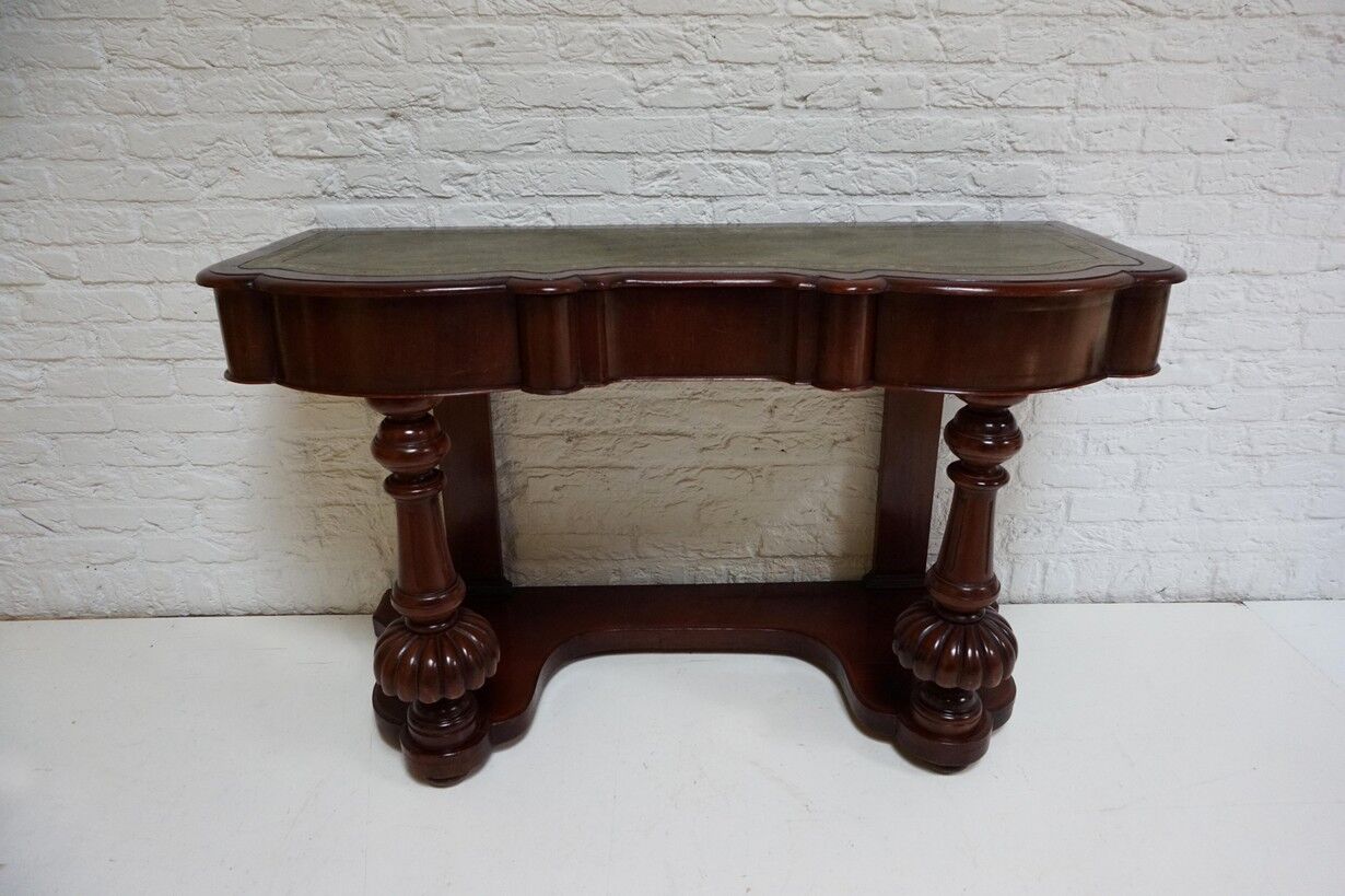 Biedermeier mahogany wall console table or desk with leather inlay top and drawer
